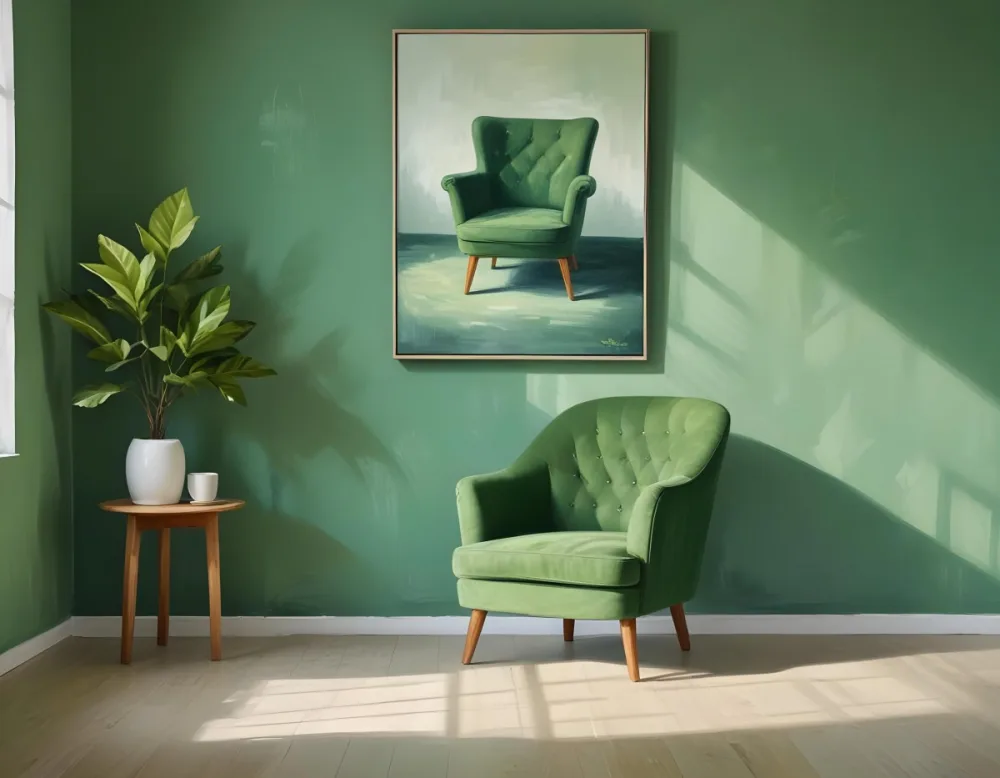 A Green Armchair With Wooden Legs In A Minimalist Room With A Green Wall And Natural Light Coming Through A Window 4 426d