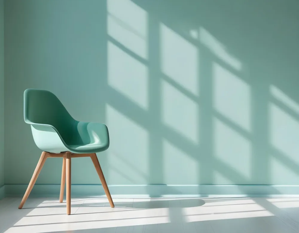 A Green Armchair With Wooden Legs In A Minimalist Room With A Green Wall And Natural Light Coming Through A Window 40 99d0