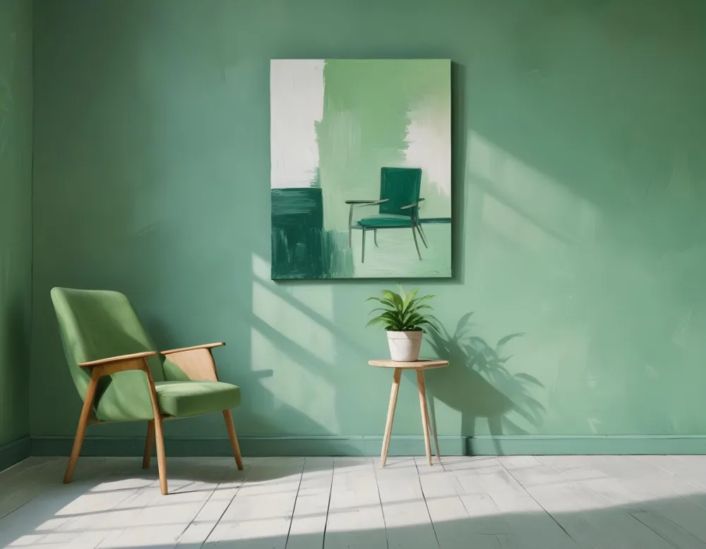 A Green Armchair With Wooden Legs In A Minimalist Room With A Green Wall And Natural Light Coming Through A Window 5 D3fe