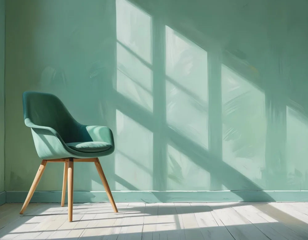 A Green Armchair With Wooden Legs In A Minimalist Room With A Green Wall And Natural Light Coming Through A Window 8 8496