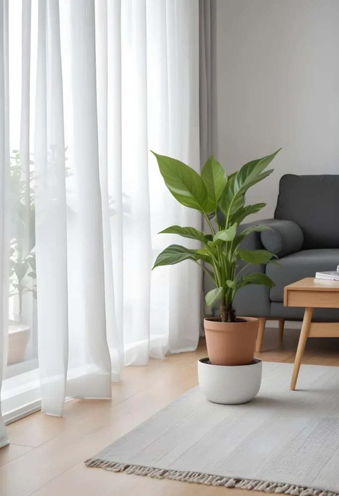 A Green Plant In A White Pot On A Wooden Table A White Curtain In The Foreground A Gray Sofa In The Background In A Living Room 14 351a