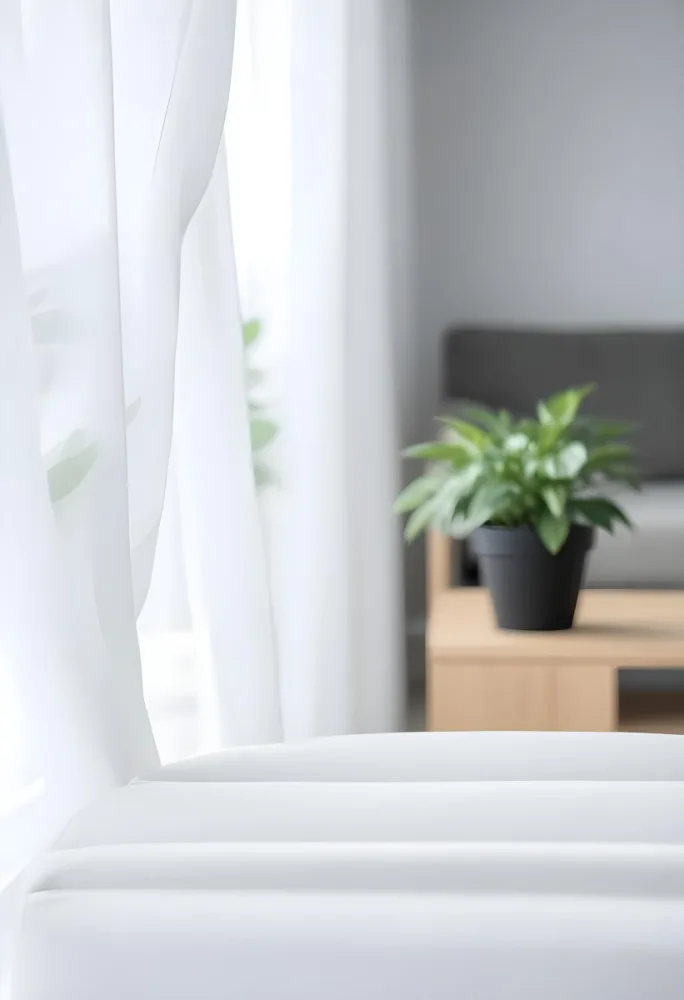 A Green Plant In A White Pot On A Wooden Table A White Curtain In The Foreground A Gray Sofa In The Background In A Living Room 18 6aad