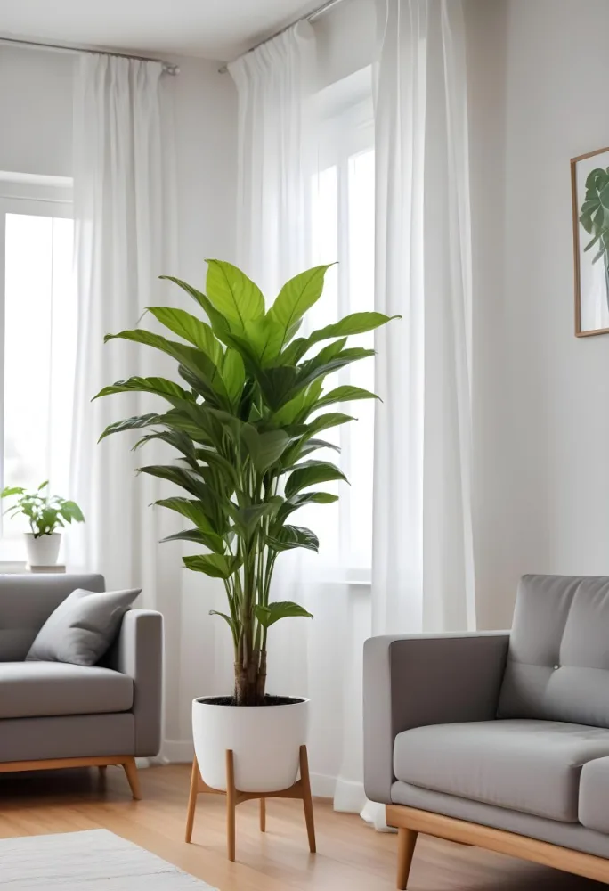A Green Plant In A White Pot On A Wooden Table A White Curtain In The Foreground A Gray Sofa In The Background In A Living Room 21 E48a