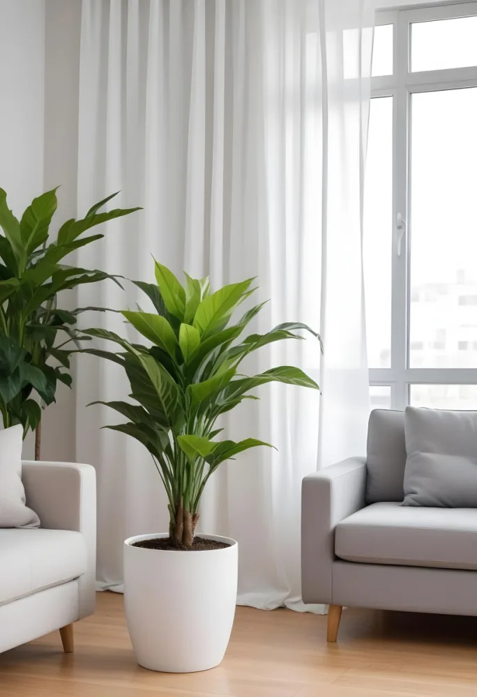 A Green Plant In A White Pot On A Wooden Table A White Curtain In The Foreground A Gray Sofa In The Background In A Living Room 38 92fd