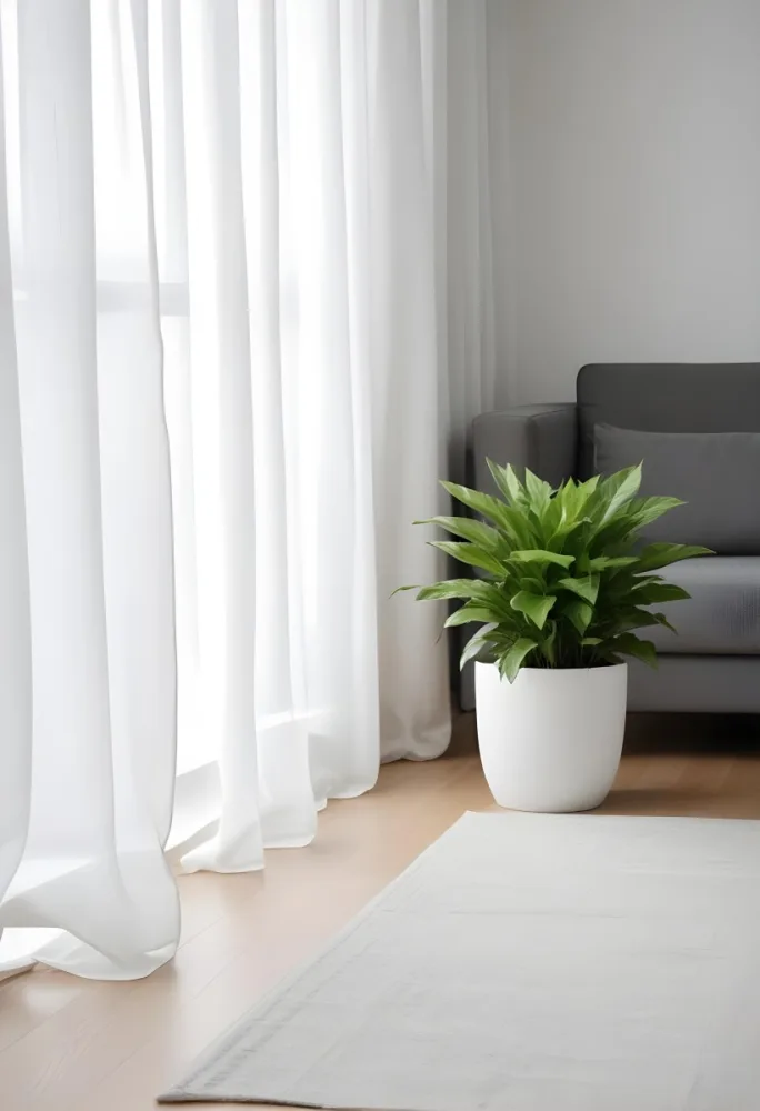 A Green Plant In A White Pot On A Wooden Table A White Curtain In The Foreground A Gray Sofa In The Background In A Living Room 42 62d4