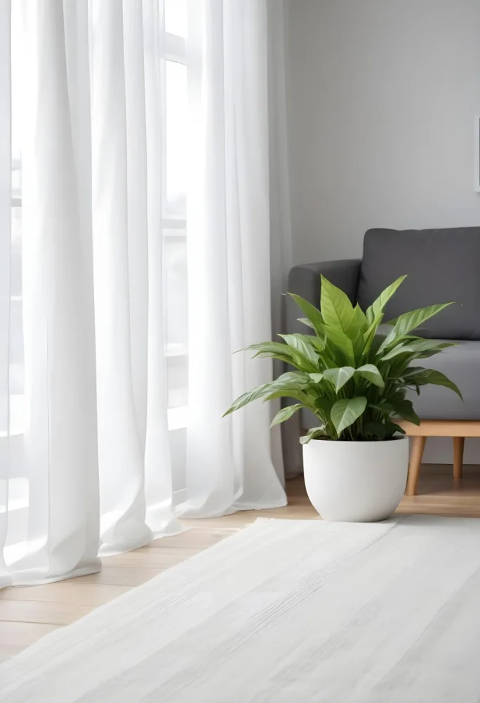 A Green Plant In A White Pot On A Wooden Table A White Curtain In The Foreground A Gray Sofa In The Background In A Living Room 46 D9a1