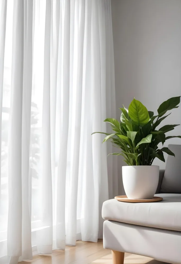 A Green Plant In A White Pot On A Wooden Table A White Curtain In The Foreground A Gray Sofa In The Background In A Living Room 48 D20b