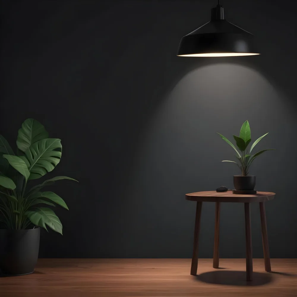 A Green Plant In A White Pot On A Wooden Table A White Curtain In The Foreground A Gray Sofa In The Background In A Living Room 54 4f4c