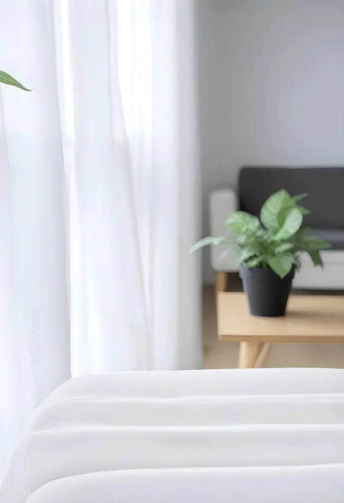 A Green Plant In A White Pot On A Wooden Table A White Curtain In The Foreground A Gray Sofa In The Background In A Living Room 55 E016