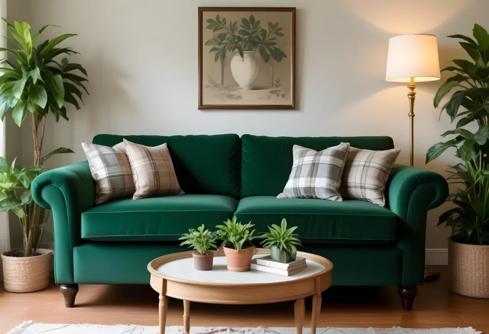 A Green Velvet Sofa With Plaid Throw Pillows In A Cozy Living Room With Potted Plants 1 369f