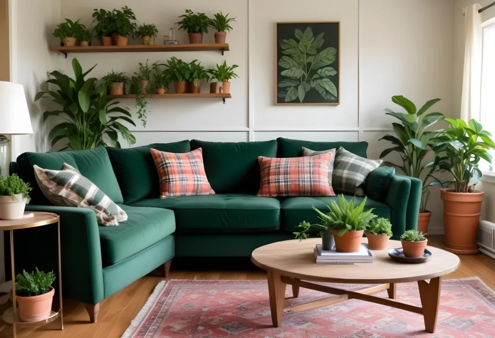 A Green Velvet Sofa With Plaid Throw Pillows In A Cozy Living Room With Potted Plants 2 Bb71