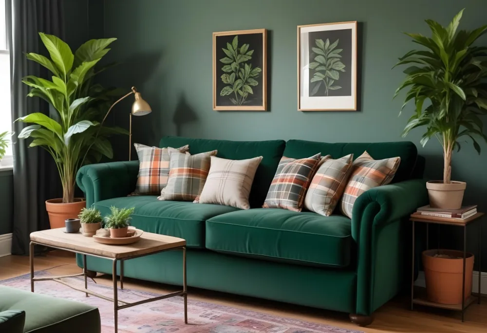 A Green Velvet Sofa With Plaid Throw Pillows In A Cozy Living Room With Potted Plants 3 Eda1