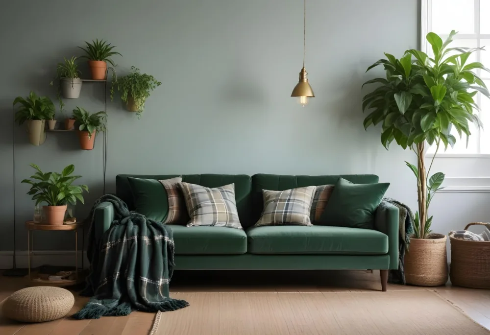 A Green Velvet Sofa With Plaid Throw Pillows In A Cozy Living Room With Potted Plants 4 A19f