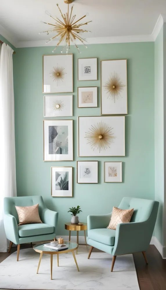 A Living Room With A Mint Green Wall Featuring A Gallery Wall Of Framed Sunflower Artwork The Room Also Includes A Light Colored Sofa And Chair A Table Lamp And A Potted Plant 1 97a7