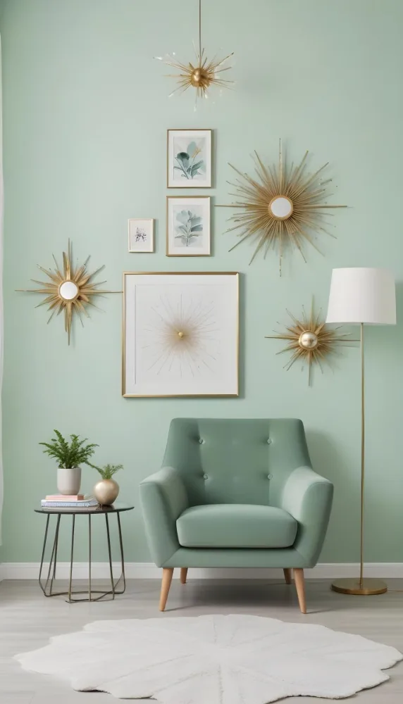 A Living Room With A Mint Green Wall Featuring A Gallery Wall Of Framed Sunflower Artwork The Room Also Includes A Light Colored Sofa And Chair A Table Lamp And A Potted Plant 11 36d8