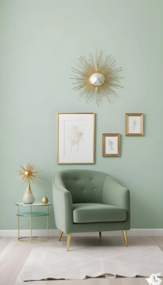 A Living Room With A Mint Green Wall Featuring A Gallery Wall Of Framed Sunflower Artwork The Room Also Includes A Light Colored Sofa And Chair A Table Lamp And A Potted Plant 13 F519