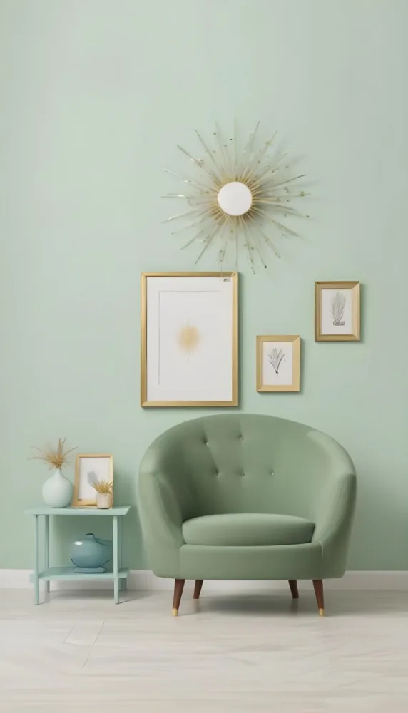A Living Room With A Mint Green Wall Featuring A Gallery Wall Of Framed Sunflower Artwork The Room Also Includes A Light Colored Sofa And Chair A Table Lamp And A Potted Plant 14 490c