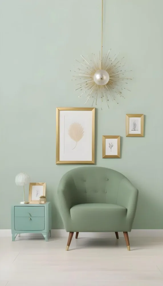 A Living Room With A Mint Green Wall Featuring A Gallery Wall Of Framed Sunflower Artwork The Room Also Includes A Light Colored Sofa And Chair A Table Lamp And A Potted Plant 15 A625