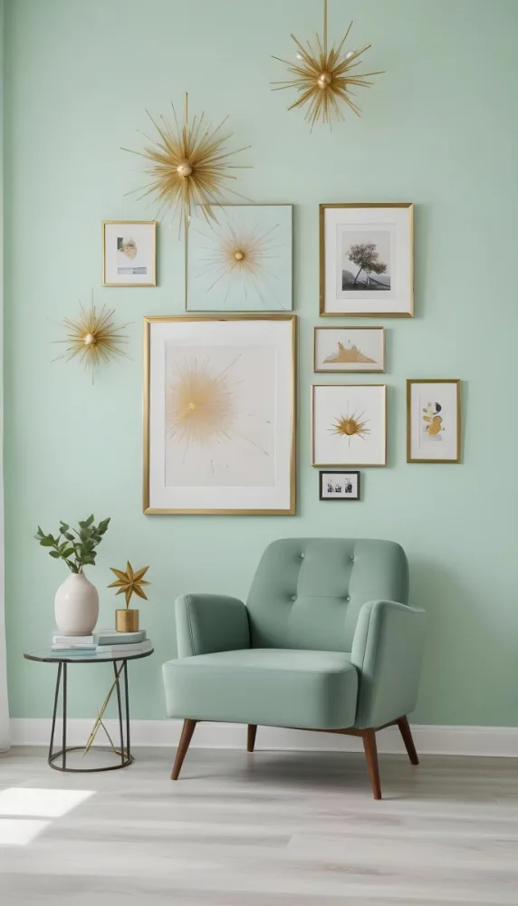 A Living Room With A Mint Green Wall Featuring A Gallery Wall Of Framed Sunflower Artwork The Room Also Includes A Light Colored Sofa And Chair A Table Lamp And A Potted Plant 16 B465