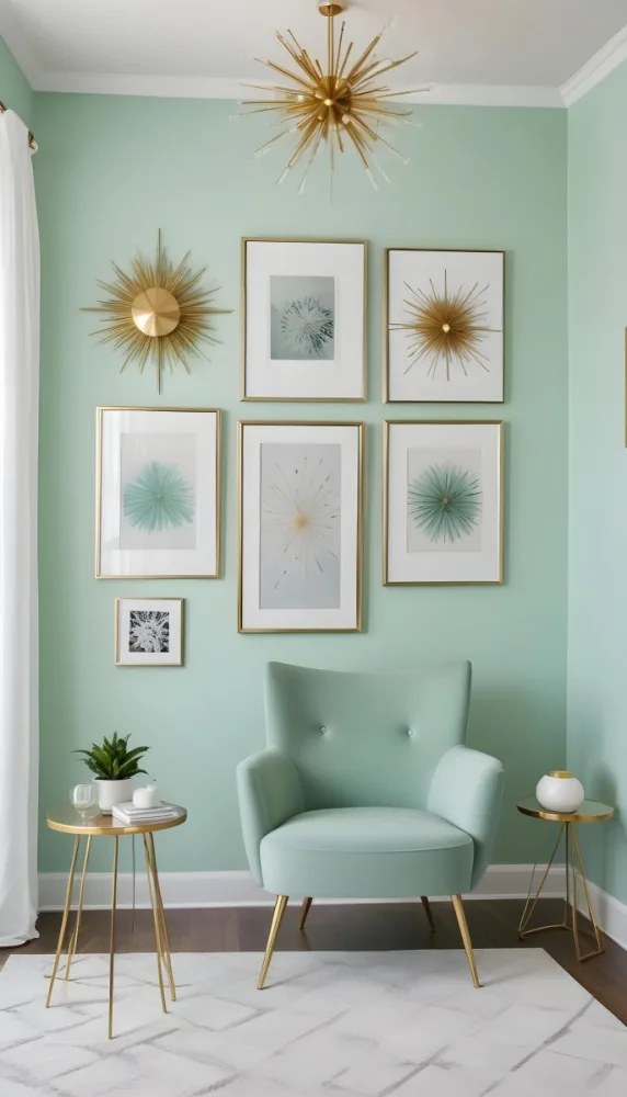A Living Room With A Mint Green Wall Featuring A Gallery Wall Of Framed Sunflower Artwork The Room Also Includes A Light Colored Sofa And Chair A Table Lamp And A Potted Plant 17 2d14