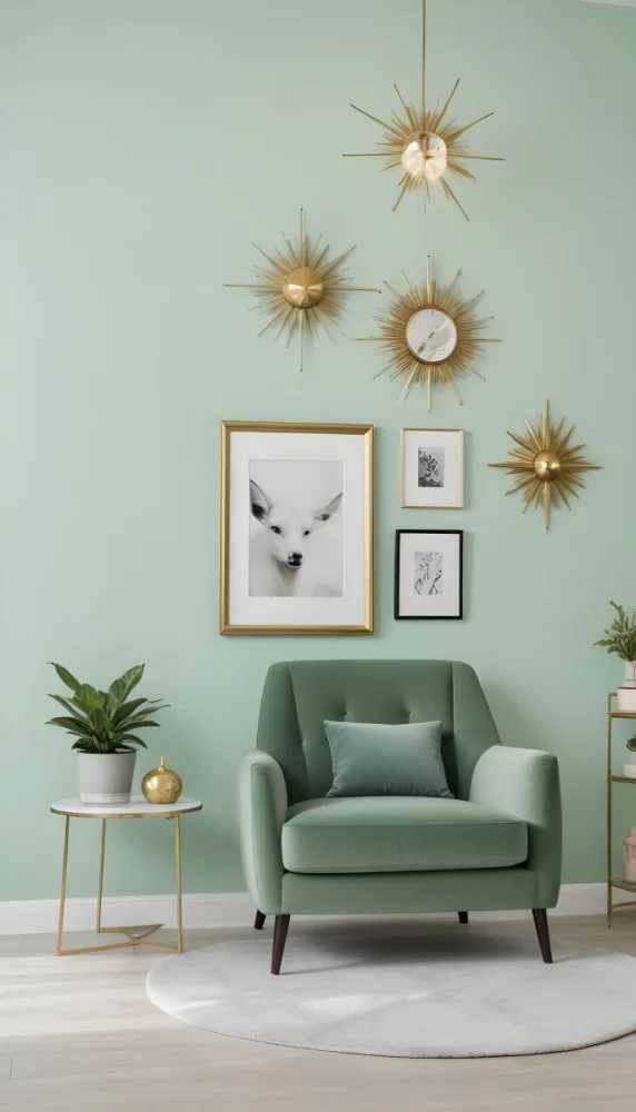A Living Room With A Mint Green Wall Featuring A Gallery Wall Of Framed Sunflower Artwork The Room Also Includes A Light Colored Sofa And Chair A Table Lamp And A Potted Plant 18 Cc1c
