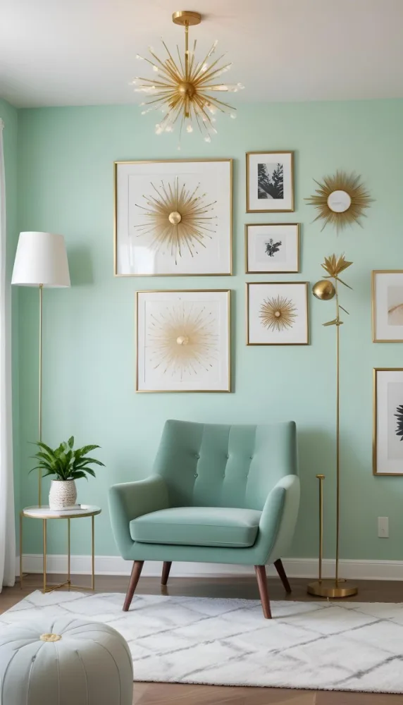 A Living Room With A Mint Green Wall Featuring A Gallery Wall Of Framed Sunflower Artwork The Room Also Includes A Light Colored Sofa And Chair A Table Lamp And A Potted Plant 2 B40f