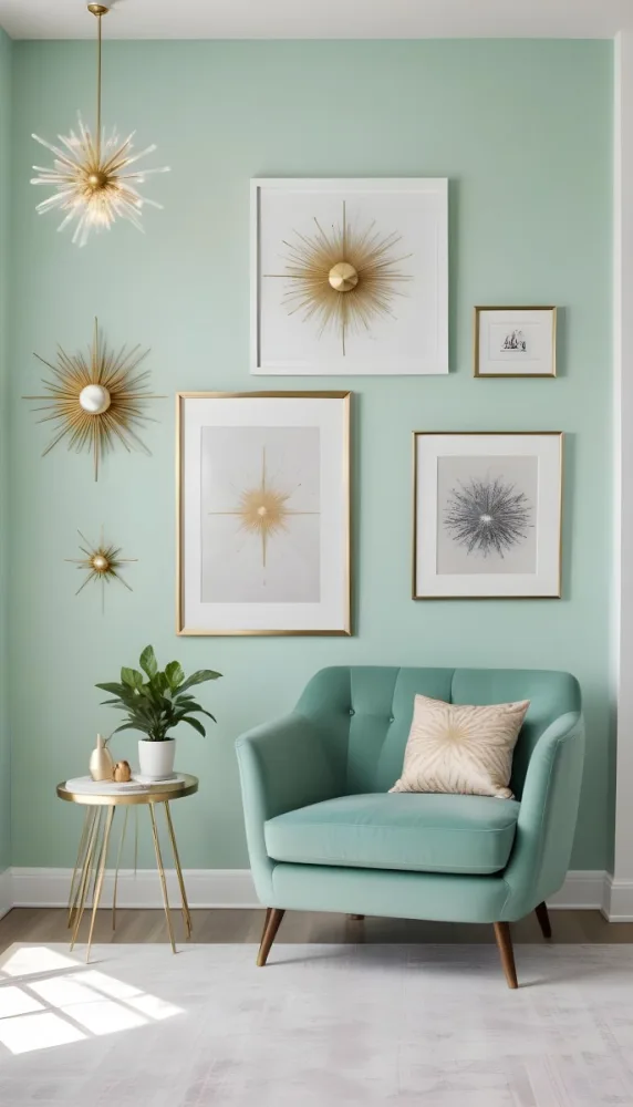 A Living Room With A Mint Green Wall Featuring A Gallery Wall Of Framed Sunflower Artwork The Room Also Includes A Light Colored Sofa And Chair A Table Lamp And A Potted Plant 3 Ff12