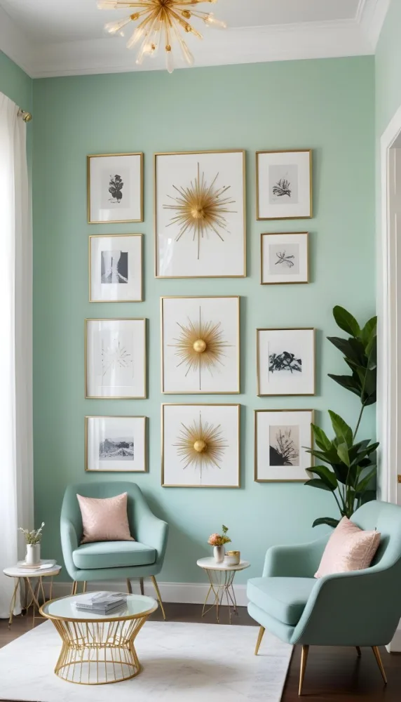 A Living Room With A Mint Green Wall Featuring A Gallery Wall Of Framed Sunflower Artwork The Room Also Includes A Light Colored Sofa And Chair A Table Lamp And A Potted Plant 4 995a