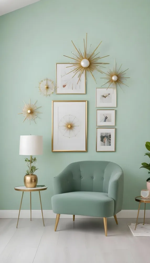 A Living Room With A Mint Green Wall Featuring A Gallery Wall Of Framed Sunflower Artwork The Room Also Includes A Light Colored Sofa And Chair A Table Lamp And A Potted Plant 5 Fe6f