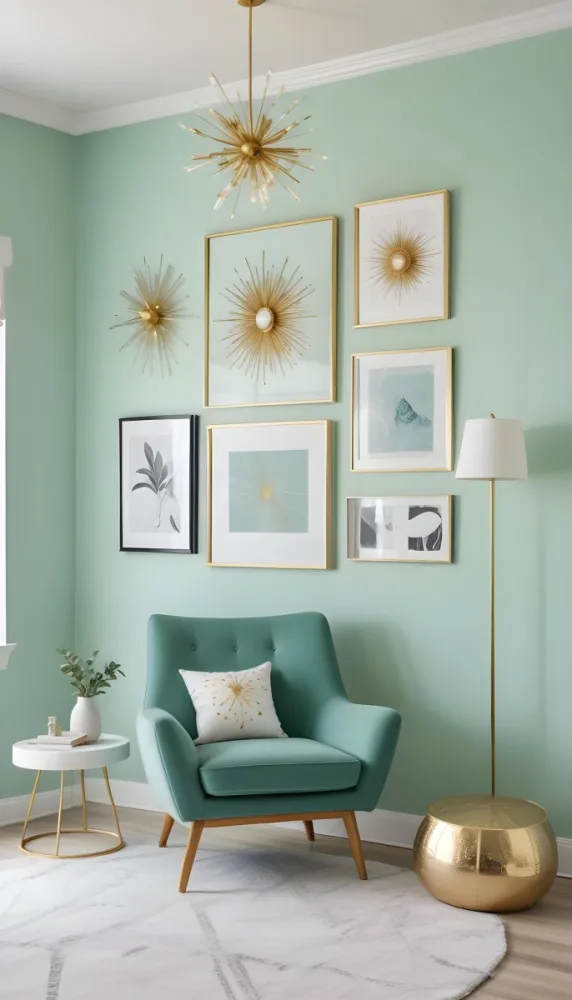 A Living Room With A Mint Green Wall Featuring A Gallery Wall Of Framed Sunflower Artwork The Room Also Includes A Light Colored Sofa And Chair A Table Lamp And A Potted Plant 7 5d56