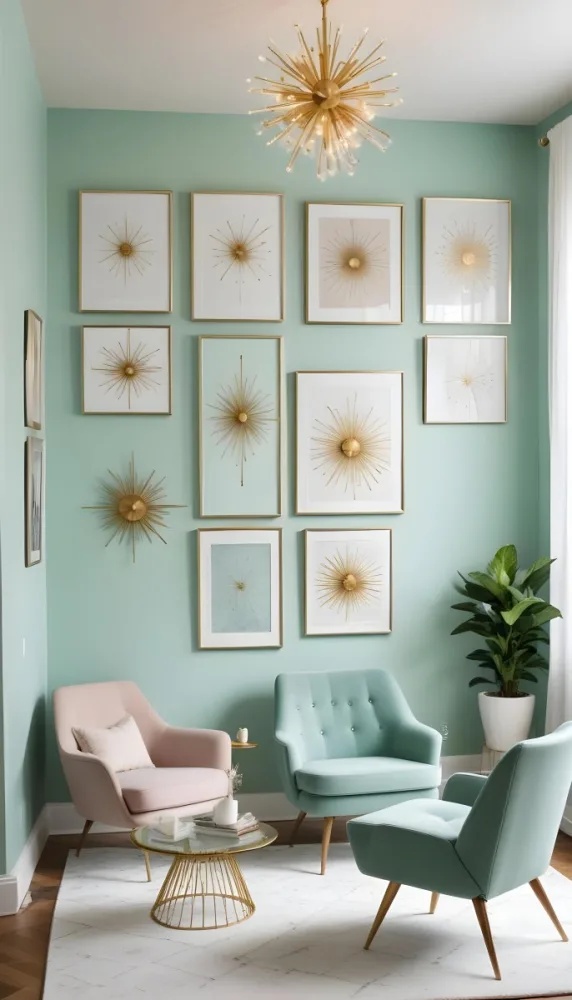 A Living Room With A Mint Green Wall Featuring A Gallery Wall Of Framed Sunflower Artwork The Room Also Includes A Light Colored Sofa And Chair A Table Lamp And A Potted Plant 8 E32e