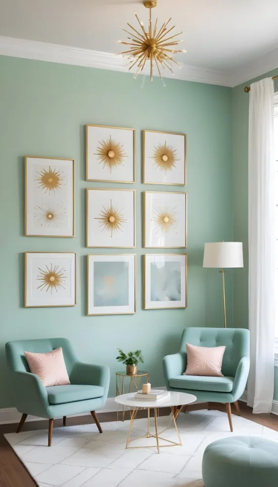 A Living Room With A Mint Green Wall Featuring A Gallery Wall Of Framed Sunflower Artwork The Room Also Includes A Light Colored Sofa And Chair A Table Lamp And A Potted Plant 9 A8de