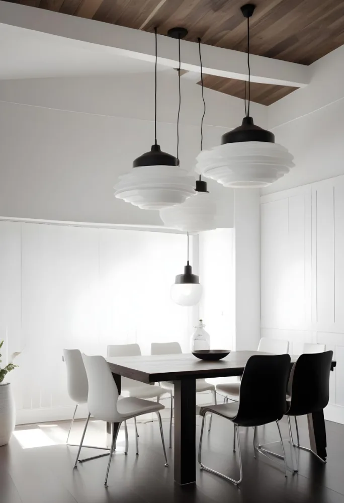 A Minimalist Dining Room With A Wooden Table Chairs And A Pendant Lamp Hanging Above The Table The Walls Are White 10 E36d