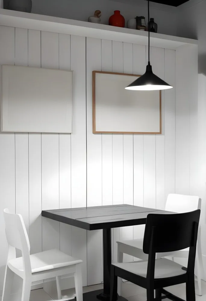 A Minimalist Dining Room With A Wooden Table Chairs And A Pendant Lamp Hanging Above The Table The Walls Are White 26 A8b0