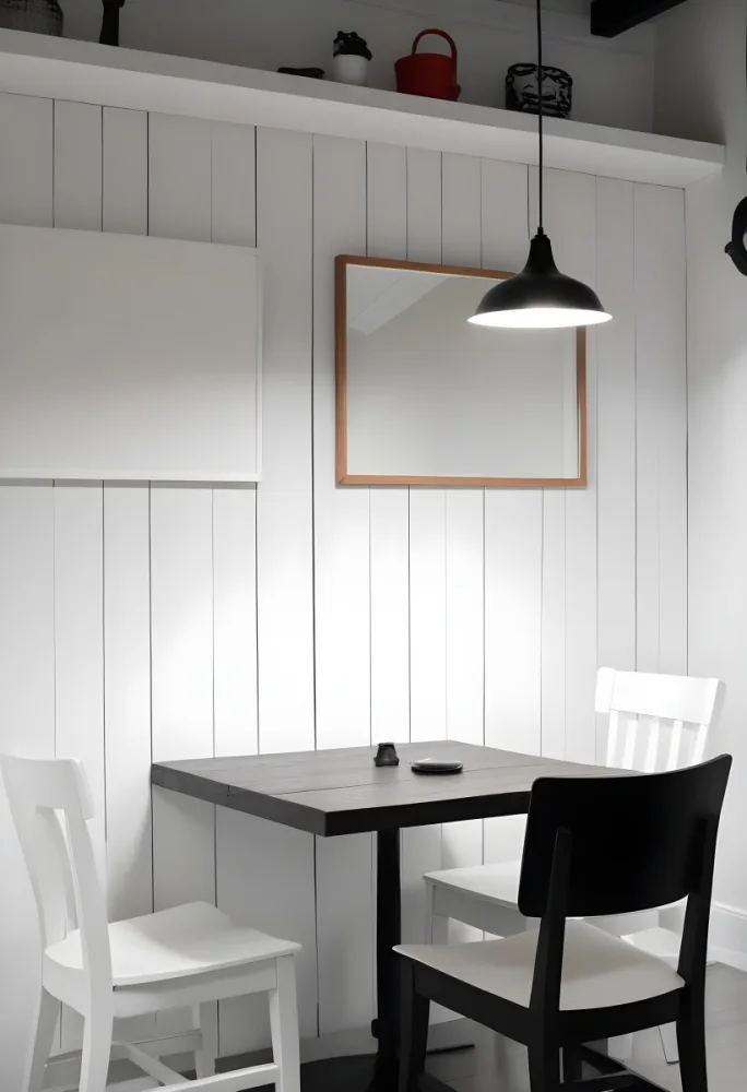 A Minimalist Dining Room With A Wooden Table Chairs And A Pendant Lamp Hanging Above The Table The Walls Are White 27 6998