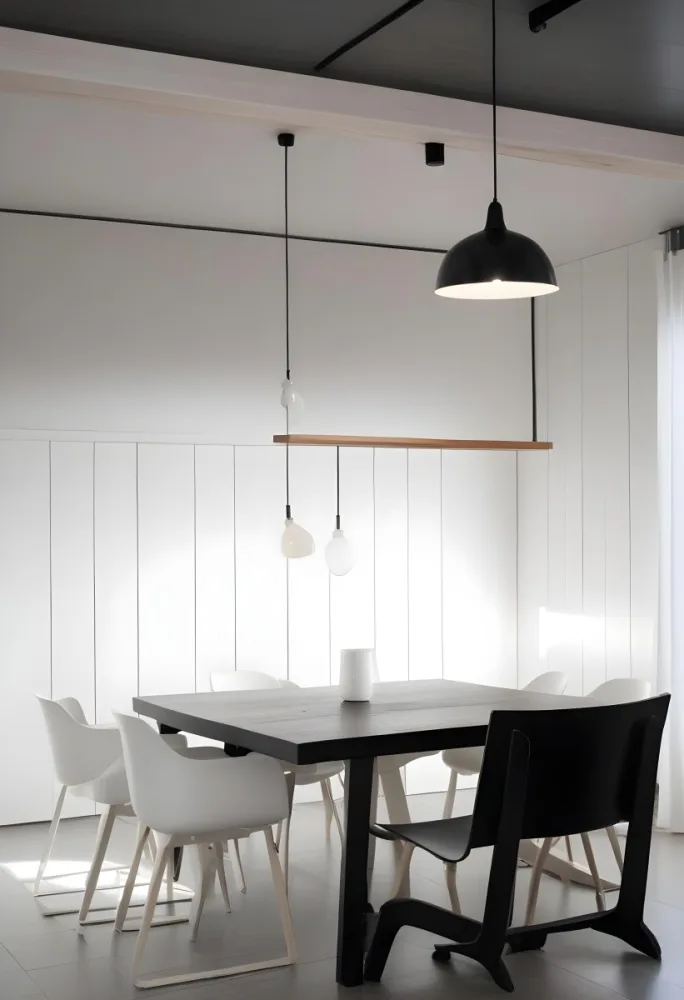 A Minimalist Dining Room With A Wooden Table Chairs And A Pendant Lamp Hanging Above The Table The Walls Are White 30 50f1