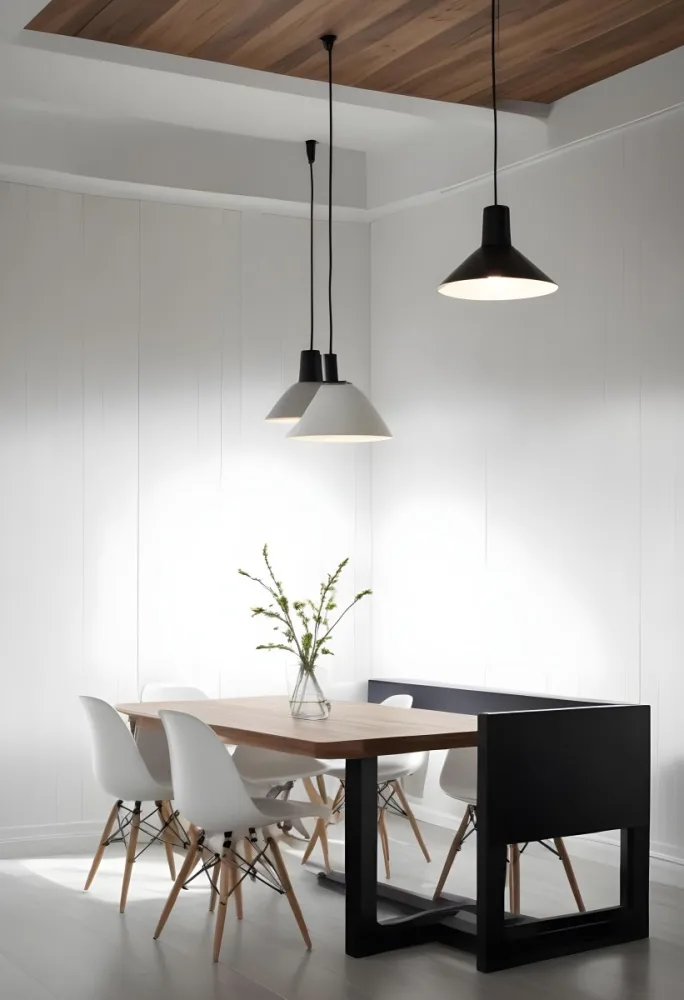 A Minimalist Dining Room With A Wooden Table Chairs And A Pendant Lamp Hanging Above The Table The Walls Are White 36 D633