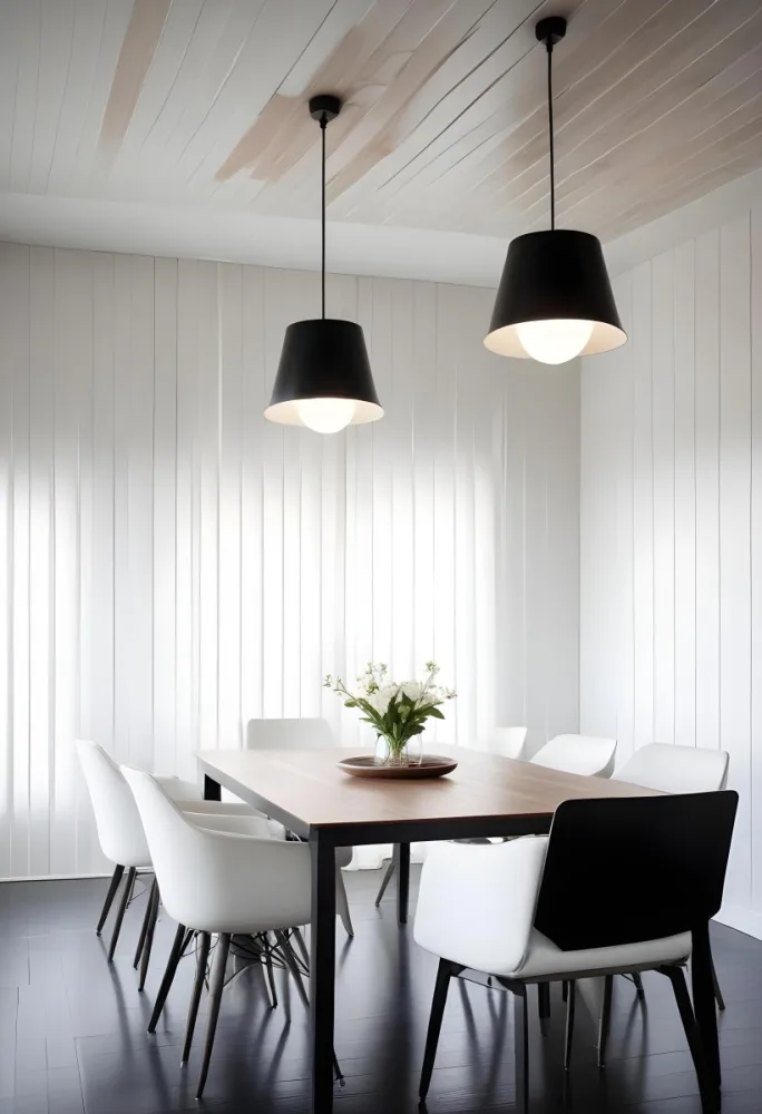 A Minimalist Dining Room With A Wooden Table Chairs And A Pendant Lamp Hanging Above The Table The Walls Are White 4 E1d8