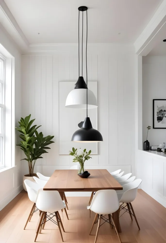 A Minimalist Dining Room With A Wooden Table Chairs And A Pendant Lamp Hanging Above The Table The Walls Are White 45 Aaaf