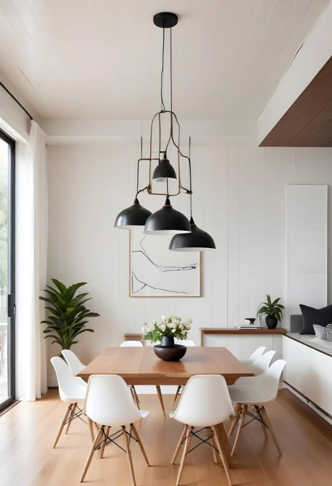 A Minimalist Dining Room With A Wooden Table Chairs And A Pendant Lamp Hanging Above The Table The Walls Are White 49 1963