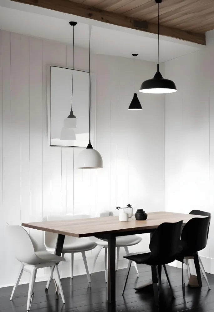 A Minimalist Dining Room With A Wooden Table Chairs And A Pendant Lamp Hanging Above The Table The Walls Are White 52 B76c