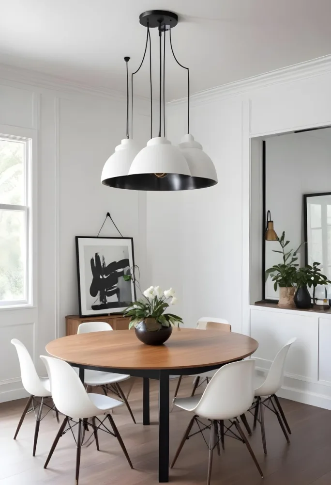 A Minimalist Dining Room With A Wooden Table Chairs And A Pendant Lamp Hanging Above The Table The Walls Are White 53 2678