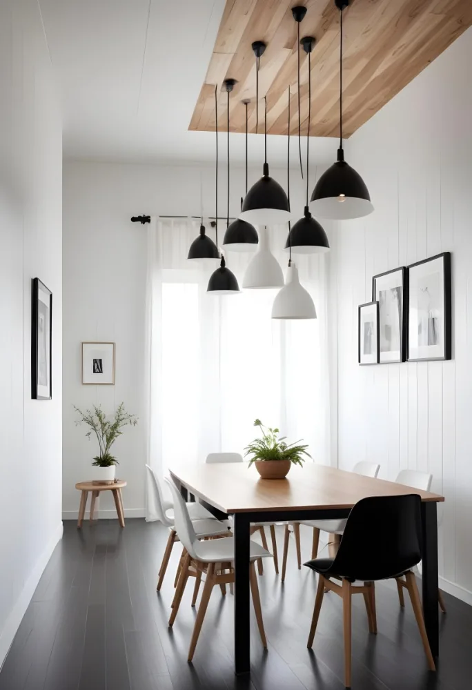 A Minimalist Dining Room With A Wooden Table Chairs And A Pendant Lamp Hanging Above The Table The Walls Are White 56 6547