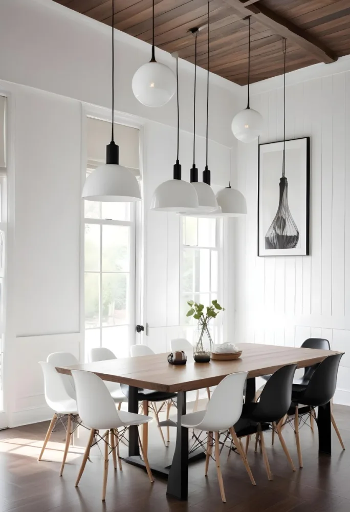 A Minimalist Dining Room With A Wooden Table Chairs And A Pendant Lamp Hanging Above The Table The Walls Are White 57 D507