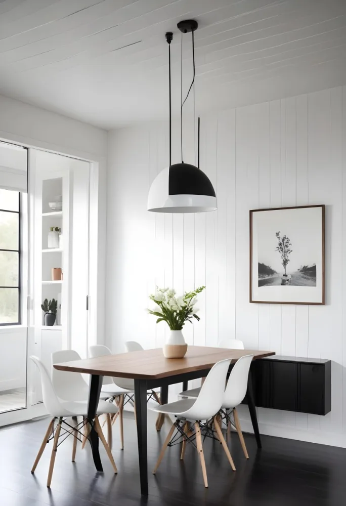 A Minimalist Dining Room With A Wooden Table Chairs And A Pendant Lamp Hanging Above The Table The Walls Are White 58 1626