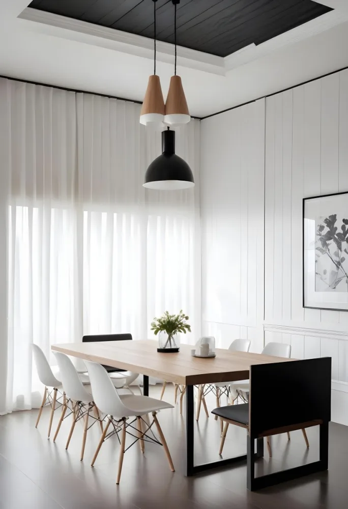 A Minimalist Dining Room With A Wooden Table Chairs And A Pendant Lamp Hanging Above The Table The Walls Are White 6 0df2