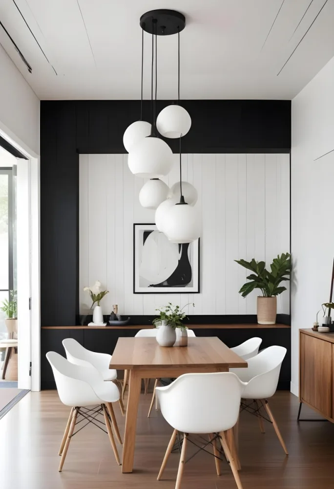 A Minimalist Dining Room With A Wooden Table Chairs And A Pendant Lamp Hanging Above The Table The Walls Are White 60 9825