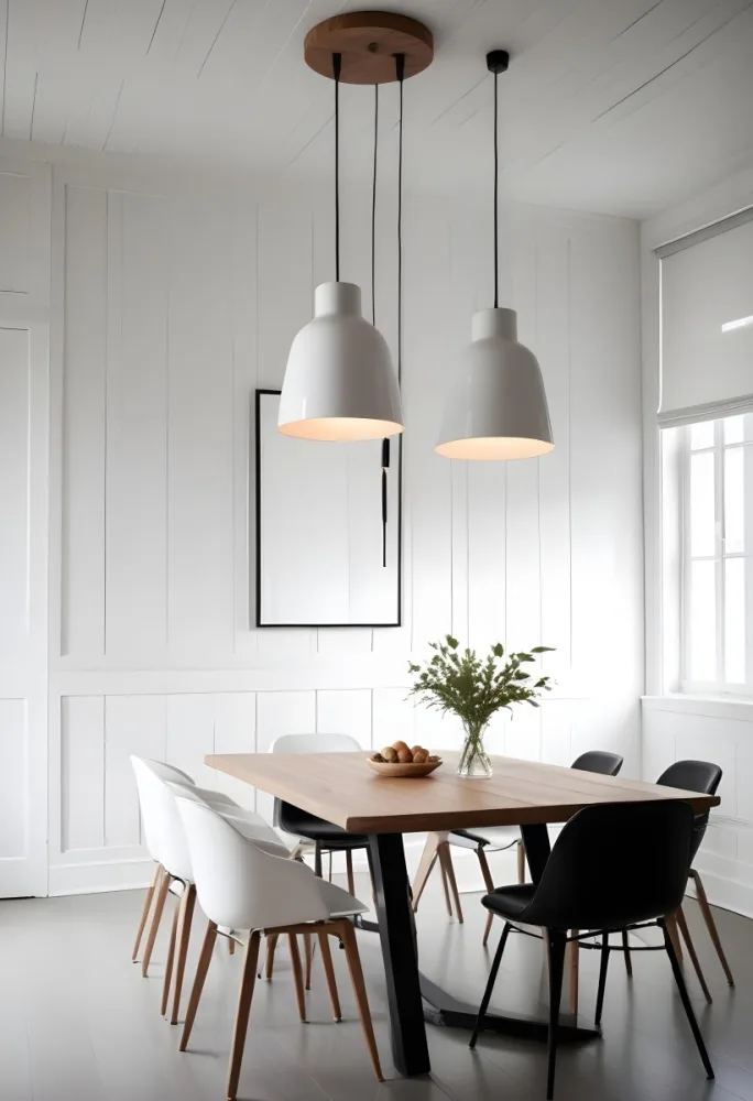 A Minimalist Dining Room With A Wooden Table Chairs And A Pendant Lamp Hanging Above The Table The Walls Are White 61 96e8