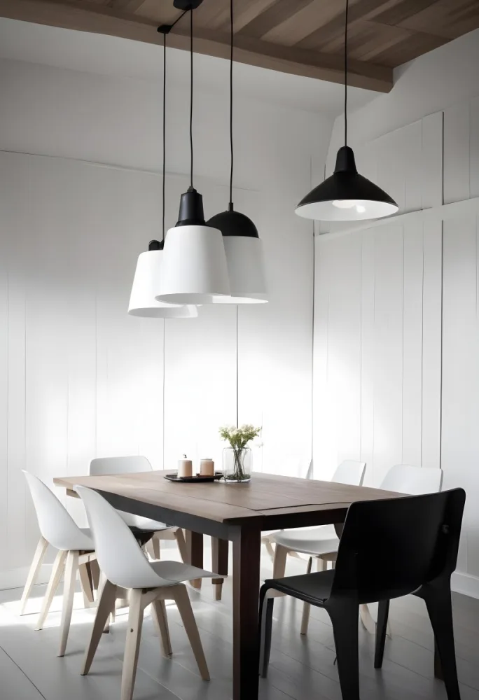 A Minimalist Dining Room With A Wooden Table Chairs And A Pendant Lamp Hanging Above The Table The Walls Are White 7 C3d8