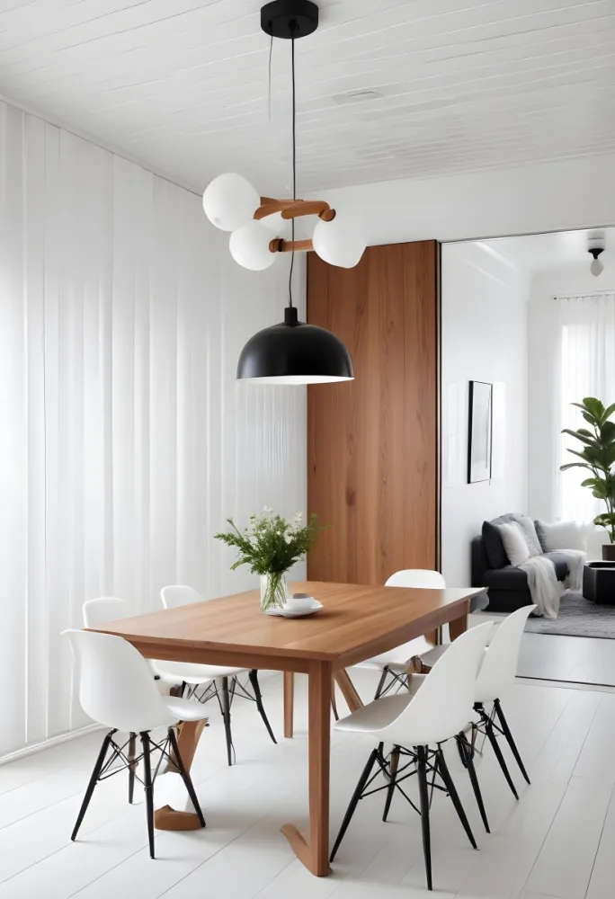 A Minimalist Dining Room With A Wooden Table Chairs And A Pendant Lamp Hanging Above The Table The Walls Are White 8 3eda